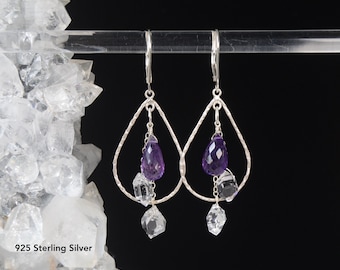 Long Herkimer Diamond & Amethyst dangle earrings in Gold or Silver, Raw Crystal Chandelier Statement jewelry, February April Birthstone Gift