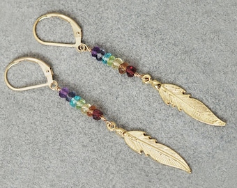 7 Chakra earrings, Gold FEATHER Earrings, CHAKRA Stones, Chakra Jewelry, Chakra Stone Set, Chakra Crystals,  Energy Jewelry, Feather charms