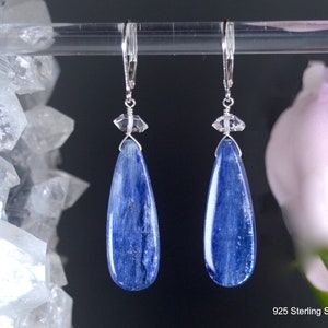 Blue Kyanite earrings with Herkimer Diamonds Lever Back earrings, 925 Sterling Silver, 14k Gold Fill, or Rose Gold dangle gemstone jewelry