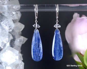 Blue Kyanite earrings with Herkimer Diamonds Lever Back earrings, 925 Sterling Silver, 14k Gold Fill, or Rose Gold dangle gemstone jewelry