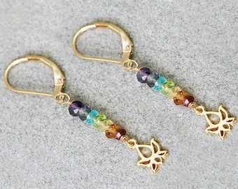 CHAKRA Stones / Gold Chakra earrings / Lotus Flower Earrings / Chakra Jewelry / Chakra Stone Set / Chakra Crystals / Yoga Jewelry