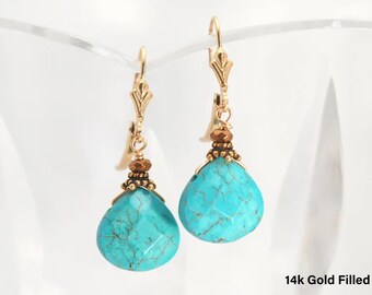 Aqua Howlite Earrings: Gold or Silver Lever Backs, Turquoise Color