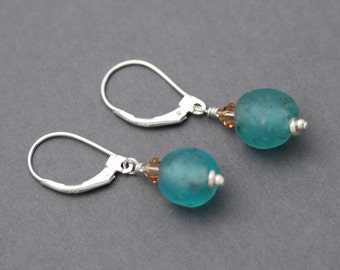 Teal Aqua Blue Krobo African Glass earrings Sterling Silver | African earrings | African jewelry | White Glass earrings | Africa Krobo beads