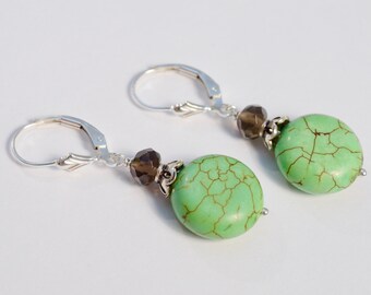 925 Sterling Silver Green Turquoise Howlite dangle earrings | 14k Gold Fill Lever Back Bright Green Agate earrings | Chartreuse Howlite