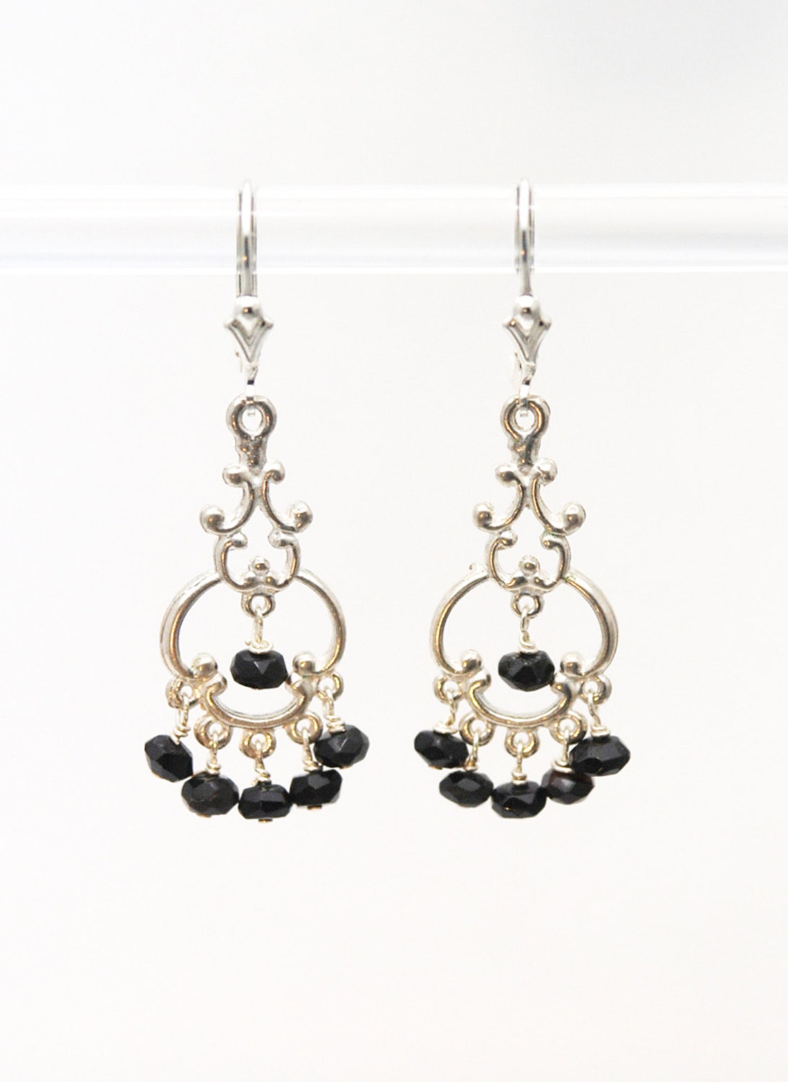 Black Onyx Chandelier earrings / Black and Silver earrings / | Etsy