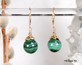 Malachite Lever Back Drop Earrings in 925 Sterling Silver or 14k Gold Fill | Round Striped Green Gemstone Jewelry May Birthstone Nickel Free