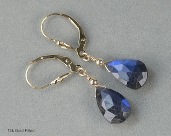 Black Labradorite drop leverback earrings 14k Gold Fill or 925 Sterling Silver Blue flashy fiery teardrop dangle gemstone crystal jewelry