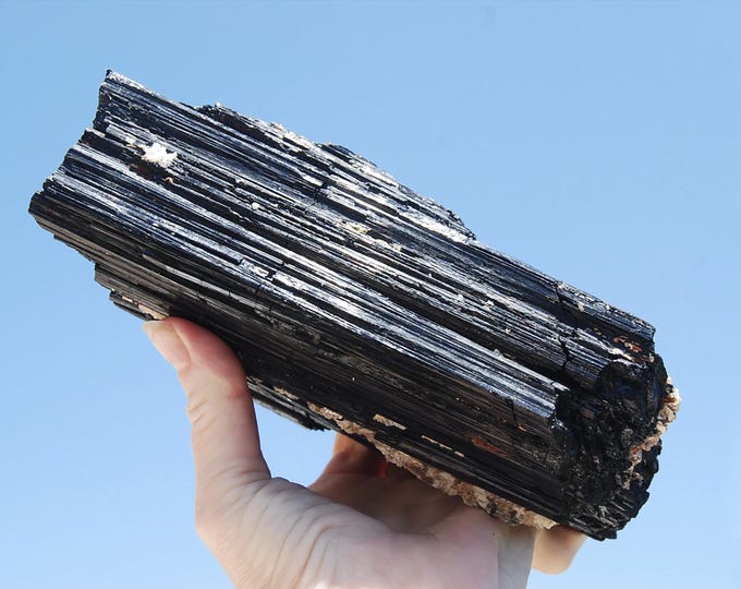 Featured listing image: Raw Black Tourmaline Crystal on Custom Stand, 12 inch, 3 to 5 lb Haystack Tourmaline Grounding Stone Healing Properties