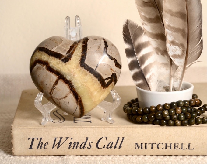 Featured listing image: Septarian Stone Heart: Polished Dragon Stone from Madagascar with Stand