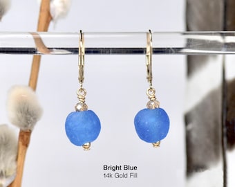 Blue Krobo African Glass Beads earrings 925 Sterling Silver or 14k Gold Fill