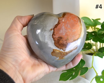 POLYCHROME Jasper Heart Stone Crystal w Stand, FREE SHIP, 4 in, 1 to 2 lb, Unique Home Decor, Remembrance Gift, Chakra Energy Healing