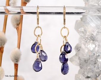 September Birthstone Water Sapphire Iolite Dangle cluster earrings in 925 Sterling Silver, 14k Gold Fill or Rose Gold gemstone drop jewelry