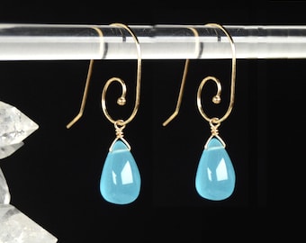 Aqua Turquoise Ocean Quartz earrings Dangle Drop with unique spiral ear wire in Silver or Gold Fill
