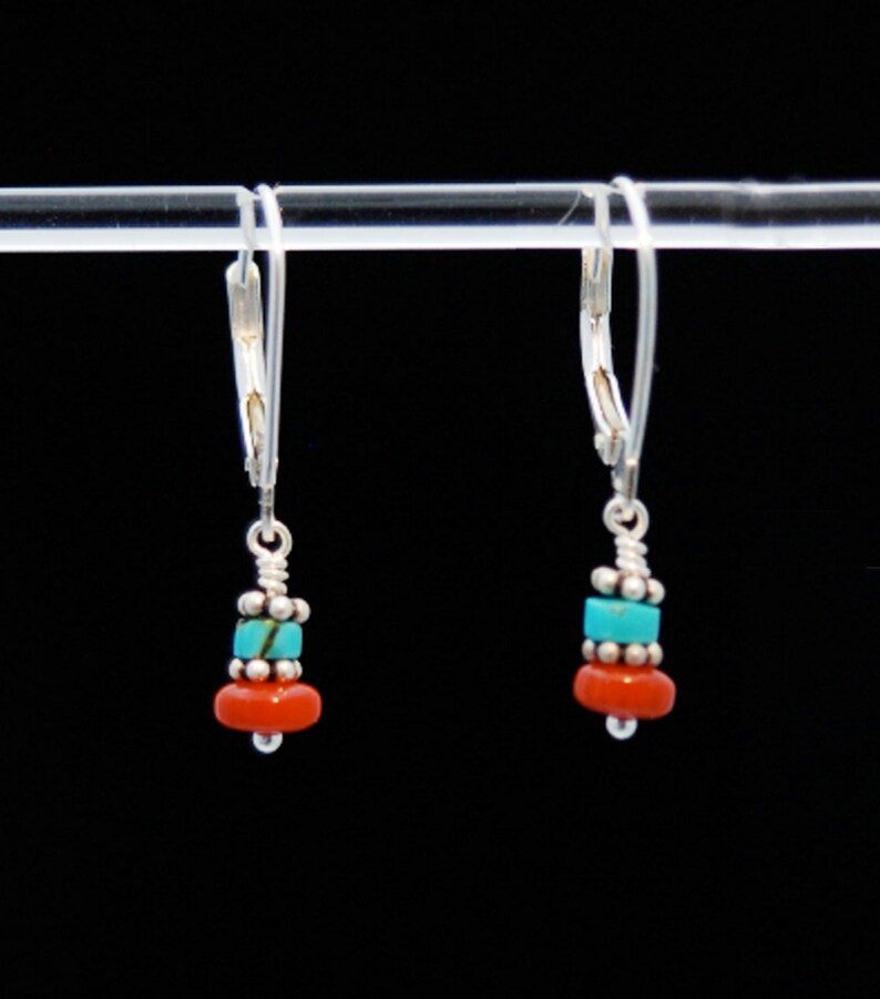 Tiny Turquoise Red Coral and Silver earrings Turquoise and Coral earrings Turquoise earrings Coral earrings Gift for Mom