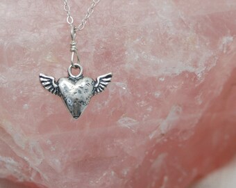 Heart with Wings necklace | Womens Heart necklace Silver | Girls Heart necklace | Heart Chakra necklace | Heart Charm necklace Heart Jewelry