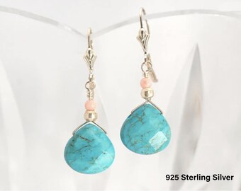 Aqua Howlite Earrings: Sterling Silver or Gold, Turquoise Color w Peach Coral Accents