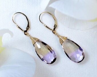 AAA Ametrine earrings in 14k Gold Fill with wire wrap, One-of-a-Kind Handmade Amethyst Citrine Gemstone Crystal Jewelry
