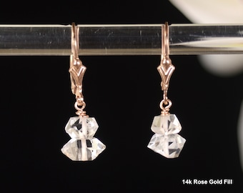Herkimer Diamond earrings | Gift for Her Quartz Crystal earrings | Two Stacked Herkimers in 14k Gold Fill, Rose Gold Fill, Sterling Silver