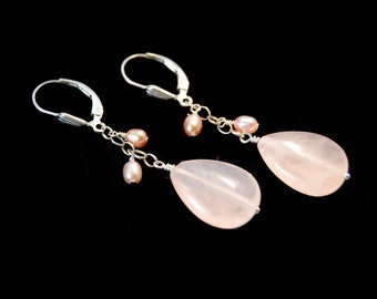 Dusty Pink Rose Quartz earrings in Sterling Silver or 14k Gold Fill / Pink dangle earrings / Pink Quartz earrings / Rose Quartz Love