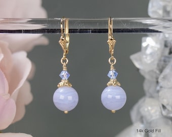 Blue Lace Agate lever back earrings in 925 Sterling Silver, 14k Gold Filled or Rose Gold Filled | Striped Light Periwinkle Chalcedony