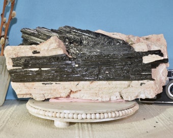 10+ lb Black Tourmaline Rough Raw Stone Display in Matrix, 11 x 5 inches, Unique Home Decor, Healing Meaning & Properties Info