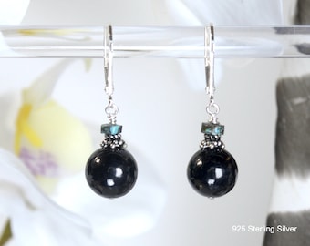 Black Elite Shungite earrings with Turquoise in 925 Sterling Silver, 14k Gold, Rose Gold Fill, Lever Back Dangle Drop EMF Protection jewelry
