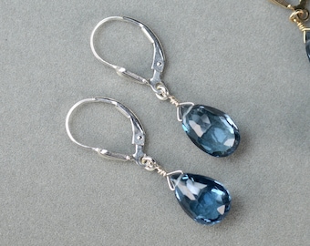 Stunning London Blue Topaz Dangle Earrings on Lever Backs in 925 Sterling Silver or 14k Gold Fill
