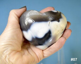 3 inch Orca Agate Heart Stone w Stand & Description Card, FREE US SHIP, Your Choice, Polished Puffy Crystal, Chakra Energy Healing Stone