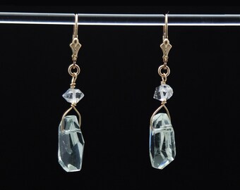 Green Amethyst earrings | Amethyst and Herkimer earrings | Herkimer Diamond earrings | Healing Vibration earrings in 14K Gold Fill