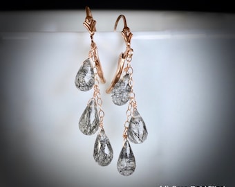 Black Tourmaline cluster dangle earrings 925 Sterling Silver, 14k Gold Rose Filled, Rutilated Tourmalinated Tourmalated Clear Quartz Spinel