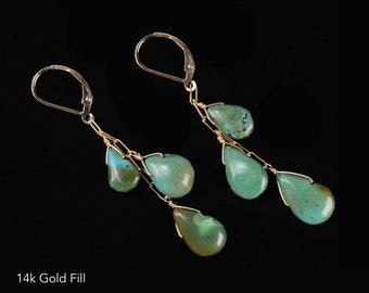 Natural Handmade Green Turquoise dangle earrings in 14k Gold Fill or 925 Sterling Silver | Turquoise jewelry | Gold Dangle Boho earrings