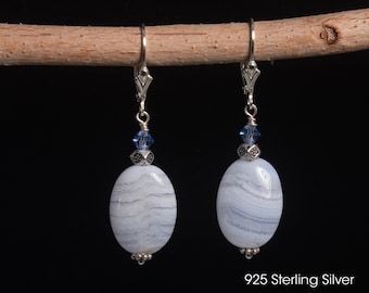 Blue Lace Agate earrings 925 Sterling Silver gemstone dangle soft light Periwinkle Chalcedony earrings in Silver or 14k Gold Fill