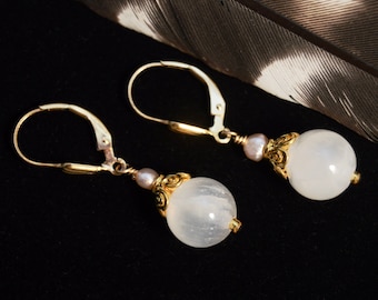 Selenite Dangle Earrings in 14k Gold Fill or 925 Sterling Silver | Satin Spar Gypsum Crystal Jewelry | Goddess Stone | White Gemstone