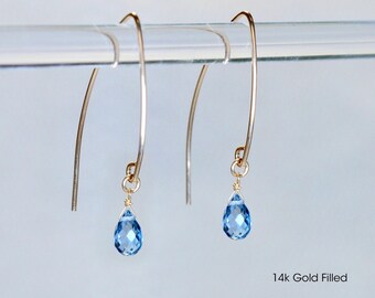 Genuine London Blue Topaz gemstone dangle earrings in 925 Sterling Silver, 14k Gold/Rose Gold Fill, Lever Back December birthstone jewelry