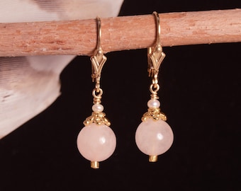 Rose Quartz Gold Dangle Earrings in 14k Gold Fill or 925 Sterling Silver | Dusty Pink Natural Gemstone Drop Gold Leverback Jewelry