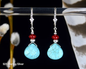 Turquoise Howlite Red Coral and 925 Sterling Silver earrings also in 14k Gold Fill / Howlite earrings / Coral earrings / Gift for Mom