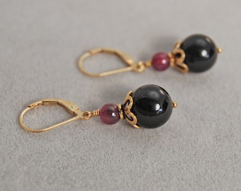 Black Tourmaline Gold Lever Back earrings in 14k Gold Fill or 925 Sterling Silver Gemstone Dangle Drop earrings | Grounding Protection Stone