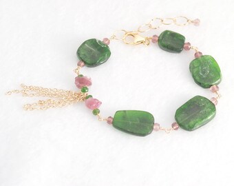 Deep Green and Gold bracelet | CHROME DIOPSIDE gemstone | Chrome Diopside bracelet | Gold Fill vibrant green bracelet | Fringe bracelet