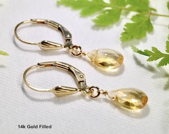 Dainty Citrine Dangle Lever Back Earrings, 14k Gold Fill or 925 Sterling Silver, Faceted Pear Genuine Gemstones, November Birthstone Jewelry