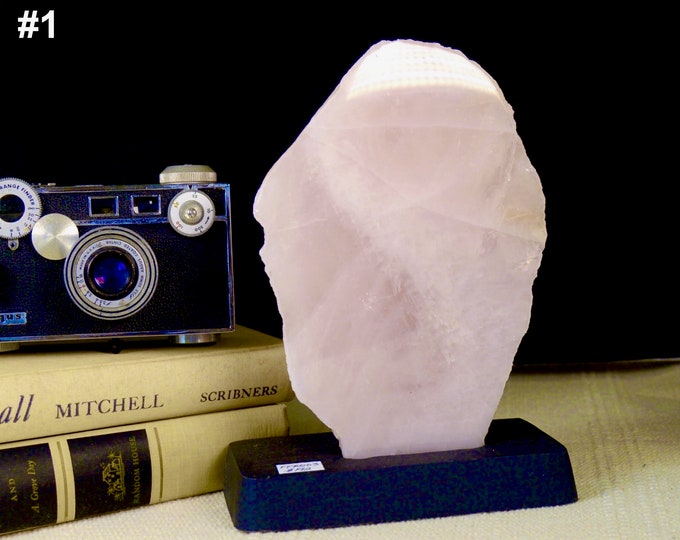 Featured listing image: Raw Rose Quartz Stone with Stand: Pink Crystal Home Decor