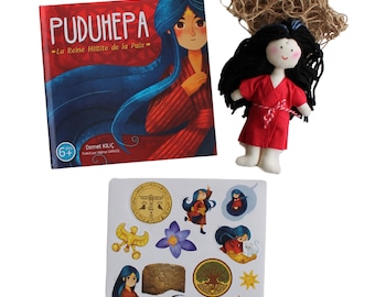 Mini bambola francese Puduhepa e set di libri - Bambola di pezza fatta a mano da 16 pollici - Regalo educativo per ragazze - Giocattolo in stoffa lavabile con libro di fiabe