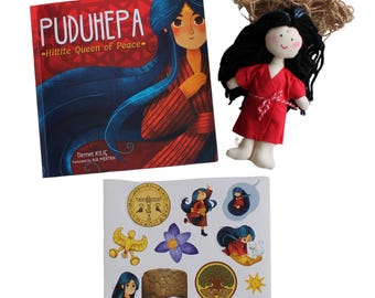 English Mini Puduhepa Doll and Book Set - 16" Handmade Rag Doll - Educational Gift for Girls - Washable Cloth Toy with Storybook