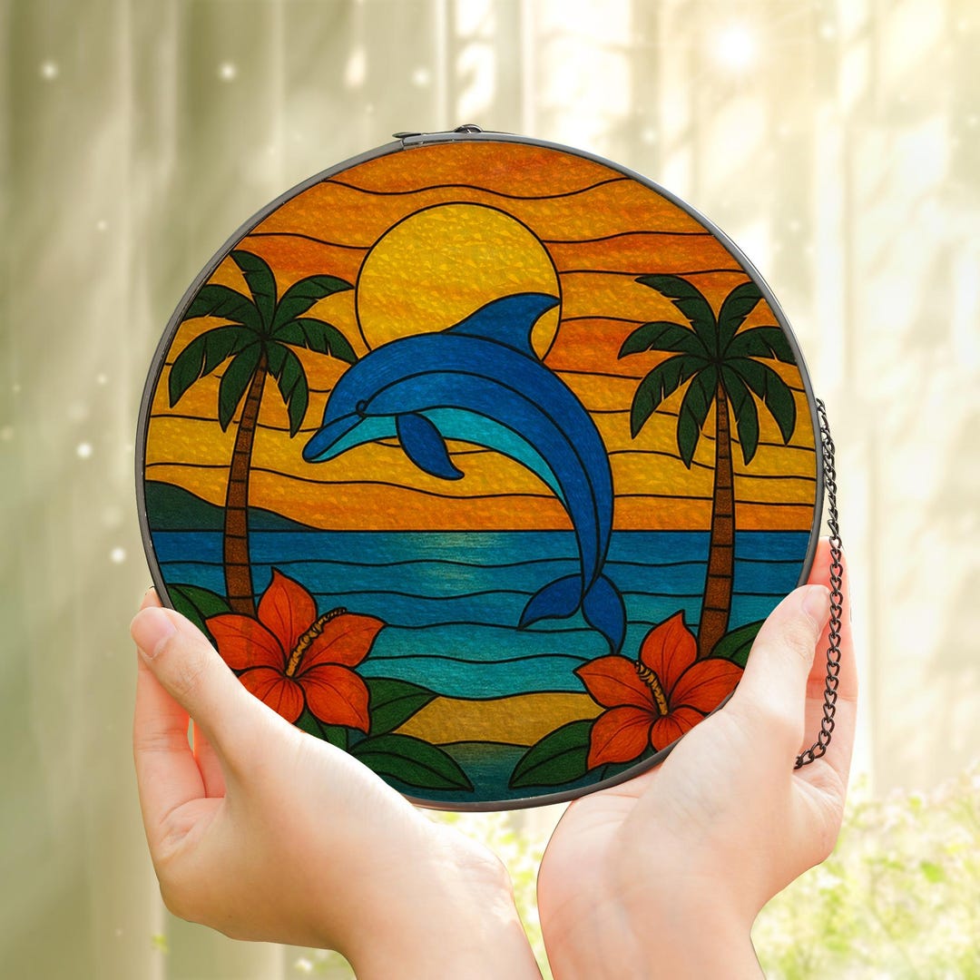 Tropical Dolphin Sunset Stained Glass Suncatcher – Ocean Beach Window ...