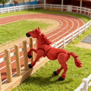 May include: A red toy horse is posed mid-jump over a wooden fence. The horse is on a grassy area with a running track in the background. The horse has black hooves and a detailed mane and tail.