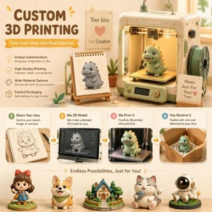 May include: An advertisement for custom 3D printing services. The image shows a 3D printer, a dinosaur figurine, and a step-by-step guide. Text includes "Custom 3D Printing" and "Turn Your Ideas Into Real Objects!"