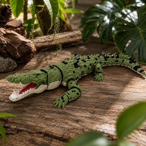 Könnte beinhalten: Ein grünes Krokodil-Spielzeug mit strukturiertem, schuppigem Körper und schwarzen Flecken. Die Figur hat einen beweglichen Kiefer, der geöffnet ist und einen leuchtend roten Innenraum sowie weiße Zähne zeigt. Die Gliedmaßen sind ausgestreckt.