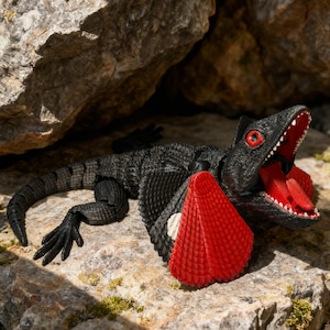 Peut inclure: Un jouet de lézard noir avec une collerette rouge et une bouche ouverte, révélant des dents blanches. Le lézard a des yeux rouges et est posé sur une roche. La collerette est rouge vif avec un accent blanc.