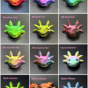 May include: A collection of colorful axolotl figurines in various colors, including red, blue, green, and rainbow hues. Each figurine has a smiling face and detailed gills. The text labels each color variation.