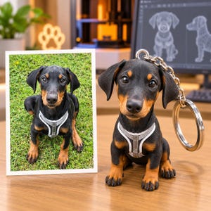 Op de afbeelding: Een driedimensionaal beeldje van een zwart met bruine teckelpup met een grijs tuigje, bevestigd aan een zilveren metalen sleutelhanger. Naast het beeldje staat een rechthoekige foto van dezelfde pup zittend op groen gras.