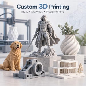 May include: A collection of 3D printed objects including a golden retriever figurine, a grey knight with a sword, a white spiral vase with greenery, a mechanical part, and a modern house model. Text reads Custom 3D Printing Ideas Drawings Model Printing.